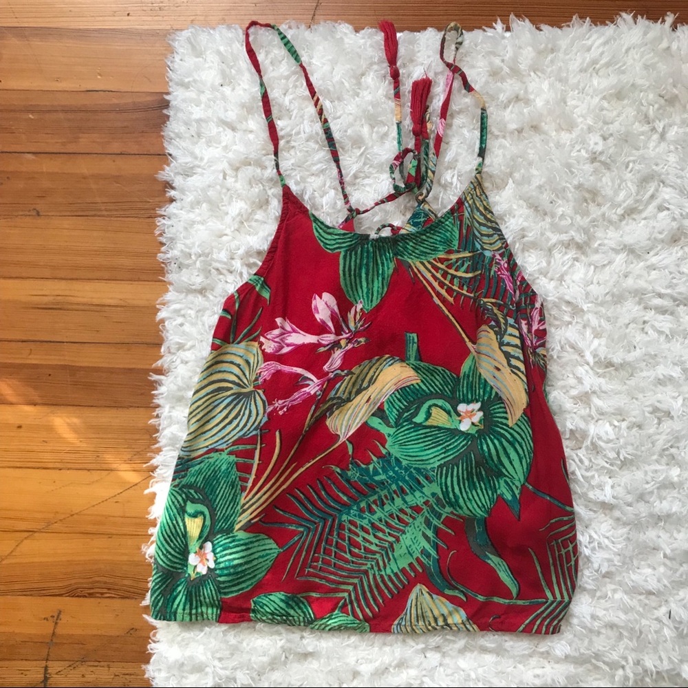 Red tropical lace up back tank top